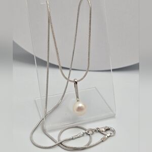 Freshwater White Real Pearl Necklace 18” Silver Plated Snake Chain NWOT